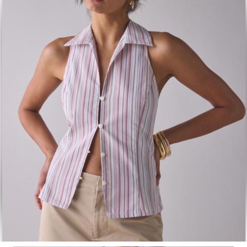 Urban Outfitters Purple and White Sleeveless Button Down Shirt